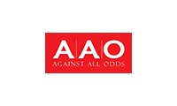 A red and white logo of against all odds