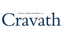 A blue and white logo of cravath, shane & moore llp.