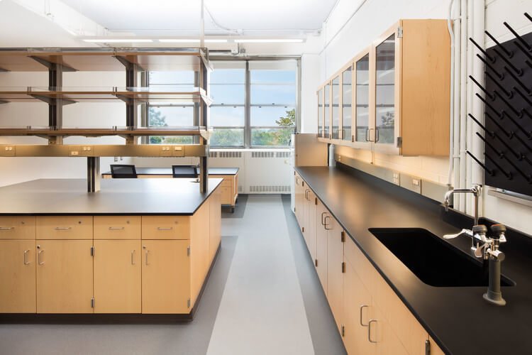 A large room with many cabinets and shelves.